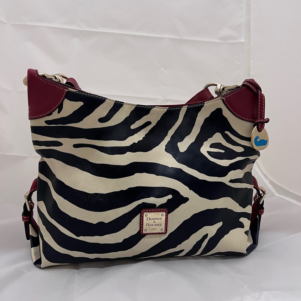 Dooney & Bourke Black and White Leather Zebra Shoulder Bag with Burgundy Trim